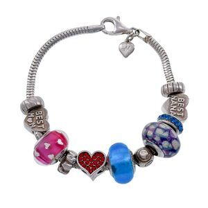 Vintage Sterling Silver 925 Pink Blue "Mom Nanna" 11 Charm Bracelet 7"